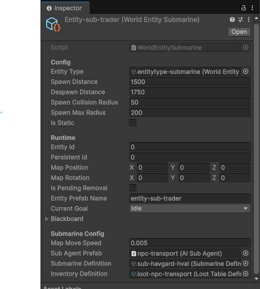the inspector for a submarine world entity asset
