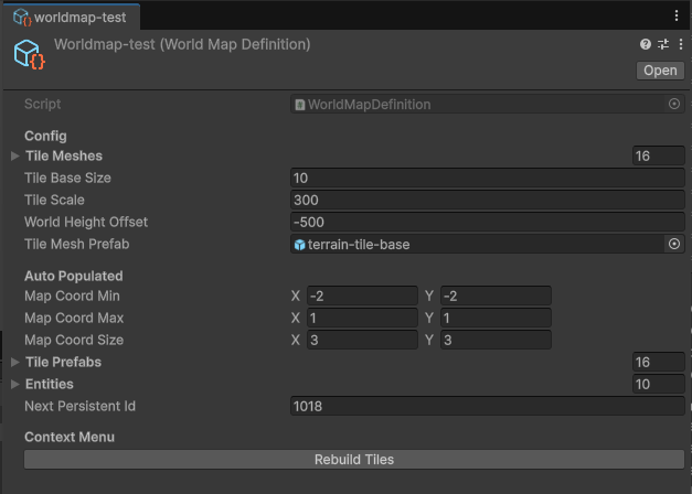 the inspector for the world map asset