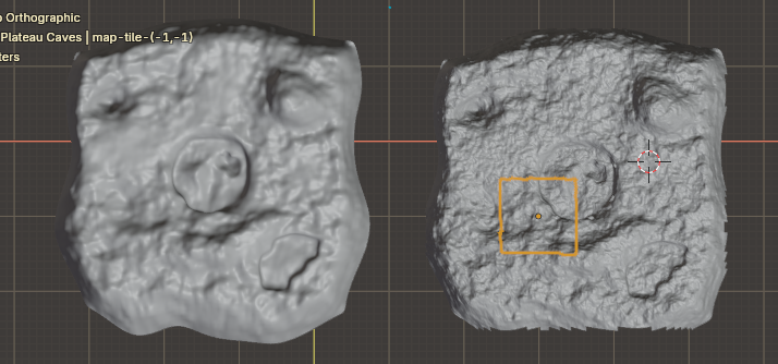a screenshot of two versions of the world terrain mesh, one split into separate tile meshes